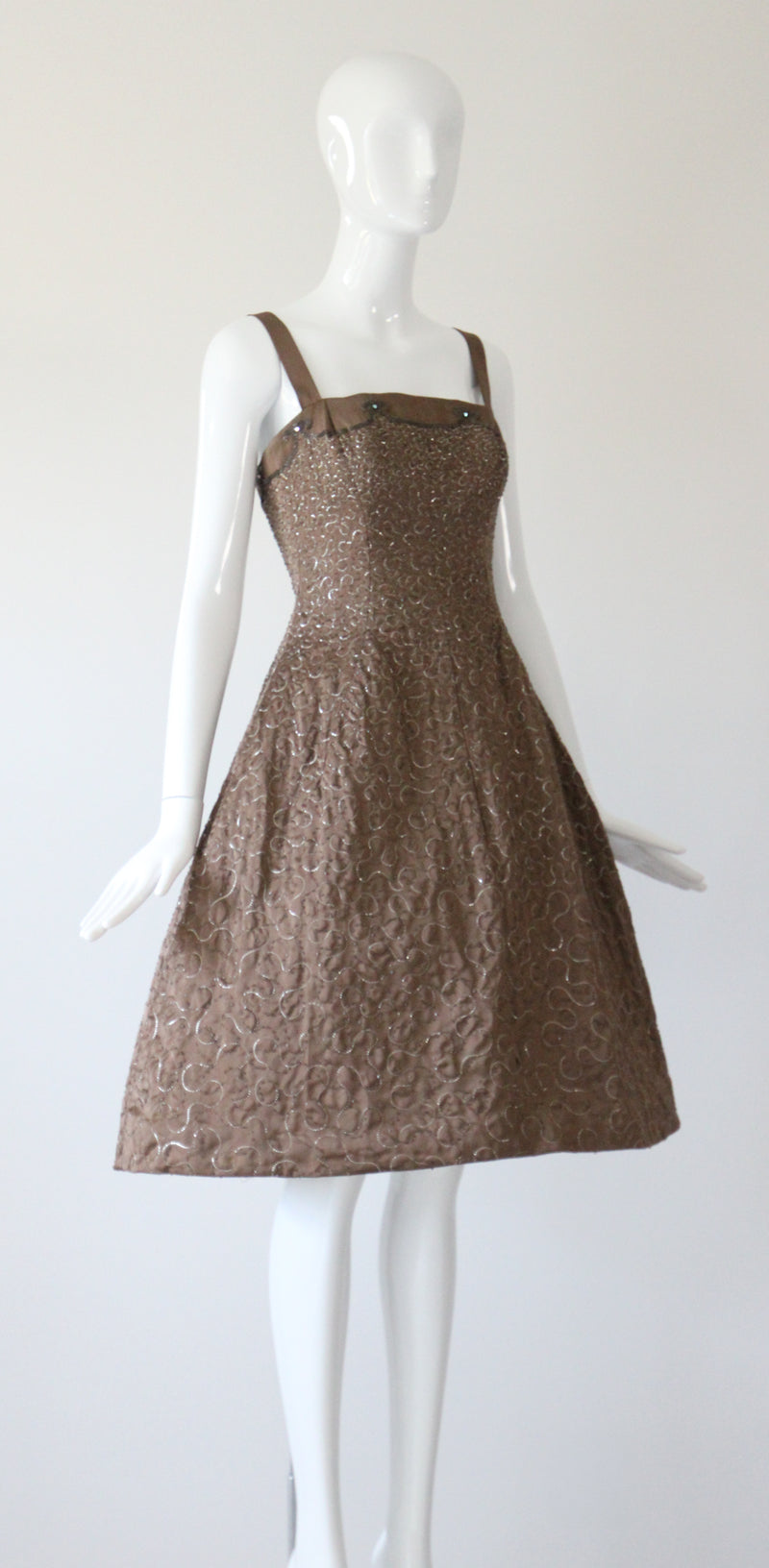 "Swirling Silver Threads & Beadwork" Vintage 1950's Beaded & Embroidered Hooped Satin Cocktail Dress UK 8 US 4