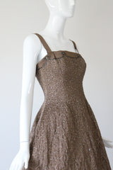 "Swirling Silver Threads & Beadwork" Vintage 1950's Beaded & Embroidered Hooped Satin Cocktail Dress UK 8 US 4