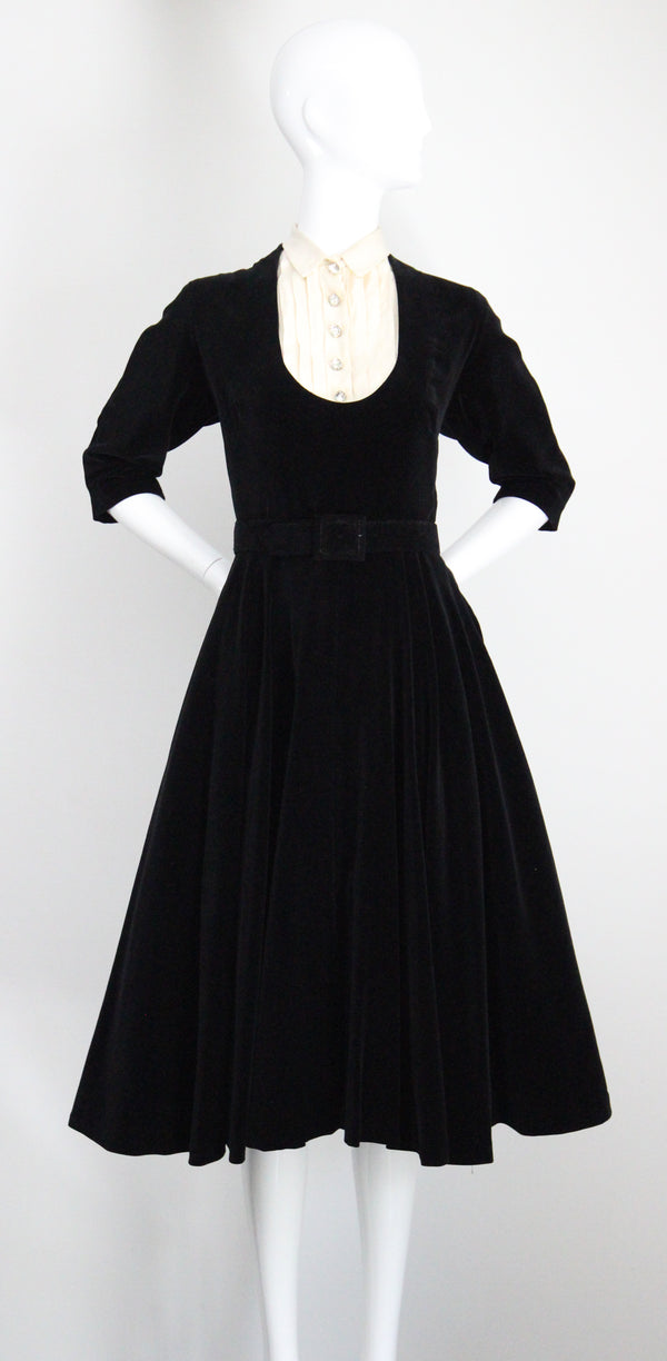 "Rhinestone Buttons & Velvet" Vintage 1950's Rhinestone Button & Velvet Dress UK 8 US 4