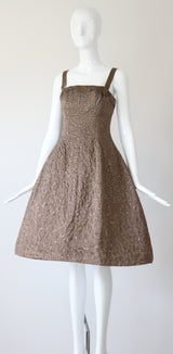 "Swirling Silver Threads & Beadwork" Vintage 1950's Beaded & Embroidered Hooped Satin Cocktail Dress UK 8 US 4