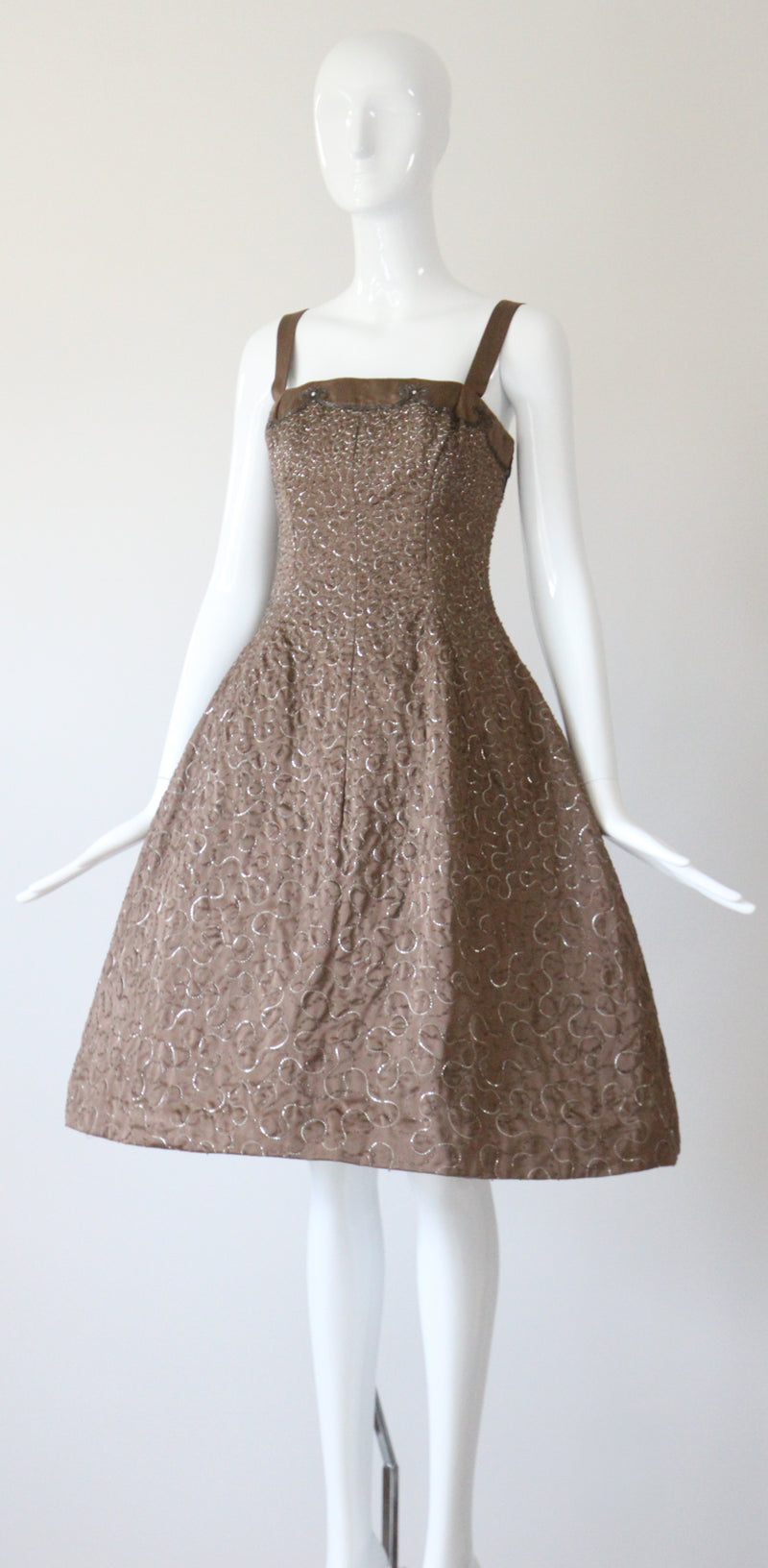 "Swirling Silver Threads & Beadwork" Vintage 1950's Beaded & Embroidered Hooped Satin Cocktail Dress UK 8 US 4