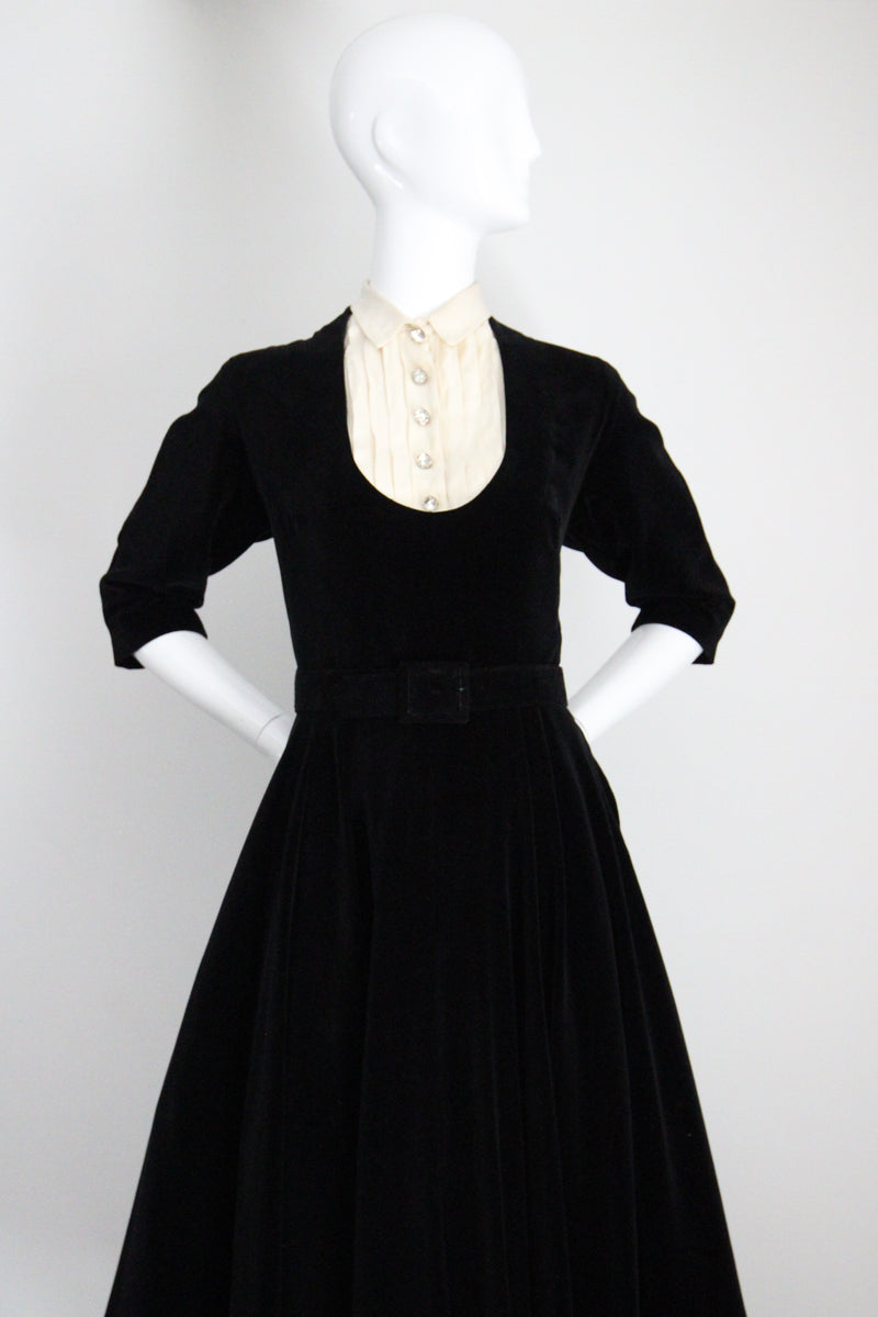 "Rhinestone Buttons & Velvet" Vintage 1950's Rhinestone Button & Velvet Dress UK 8 US 4