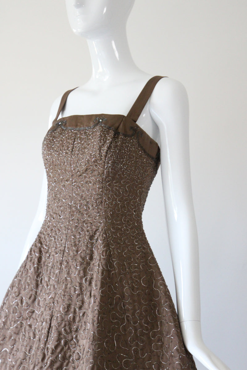 "Swirling Silver Threads & Beadwork" Vintage 1950's Beaded & Embroidered Hooped Satin Cocktail Dress UK 8 US 4
