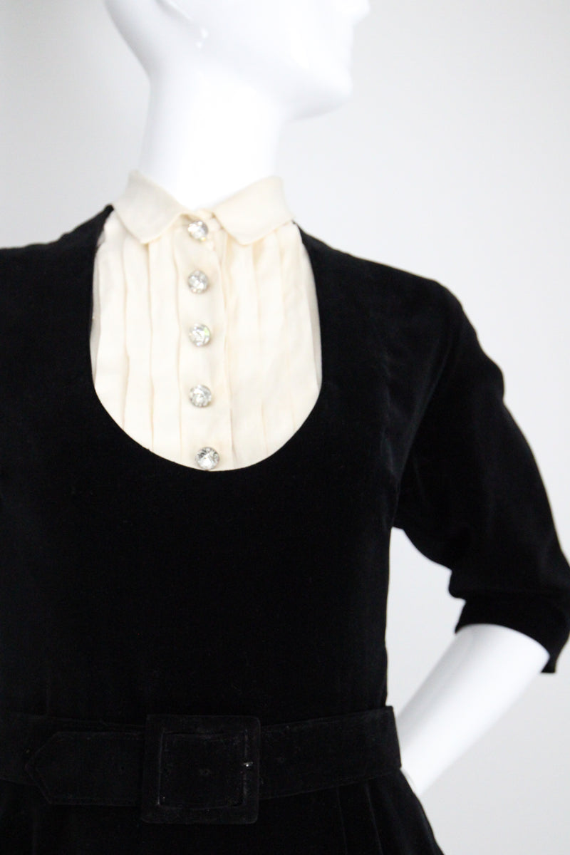 "Rhinestone Buttons & Velvet" Vintage 1950's Rhinestone Button & Velvet Dress UK 8 US 4