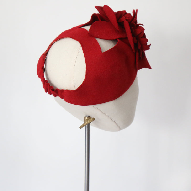 "Red Flowers" Vintage 1940's Red Felt Floral Calot Hat