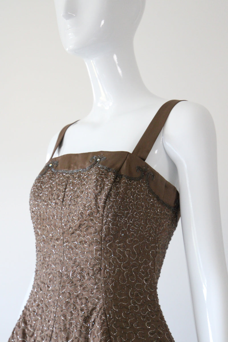 "Swirling Silver Threads & Beadwork" Vintage 1950's Beaded & Embroidered Hooped Satin Cocktail Dress UK 8 US 4