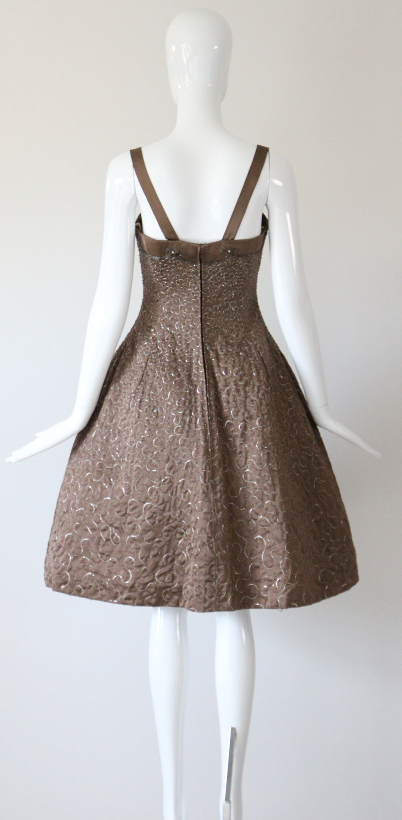 "Swirling Silver Threads & Beadwork" Vintage 1950's Beaded & Embroidered Hooped Satin Cocktail Dress UK 8 US 4