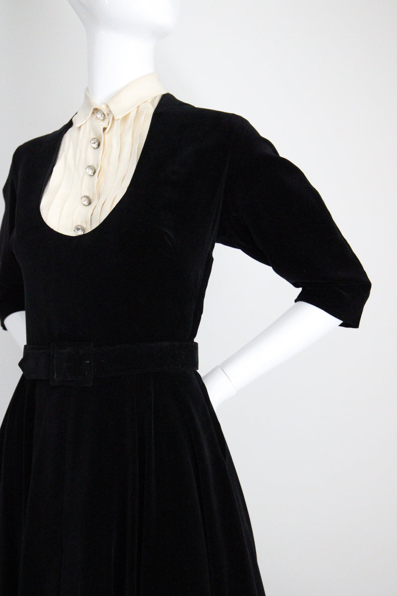 "Rhinestone Buttons & Velvet" Vintage 1950's Rhinestone Button & Velvet Dress UK 8 US 4