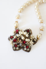 "Filigrée Rubies & Pearls" Vintage 1950's Pearl & Rhinestone Necklace
