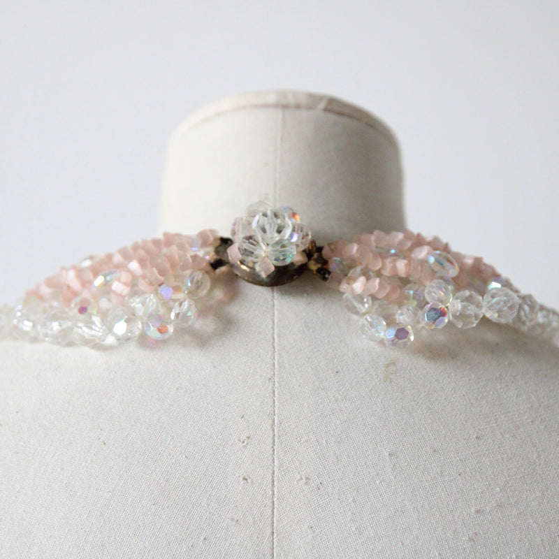 "Pearlescent Pink Glass" Vintage 1950's Pearlescent Pink & Iridescent Glass Beaded Necklace