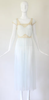 "Pale Blue Pleats & Lace" Vintage 1950's Pale Blue Nylon & Lace Gown UK 12 US 8