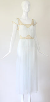 "Pale Blue Pleats & Lace" Vintage 1950's Pale Blue Nylon & Lace Gown UK 12 US 8
