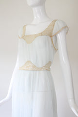 "Pale Blue Pleats & Lace" Vintage 1950's Pale Blue Nylon & Lace Gown UK 12 US 8
