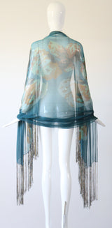 "Cerulean Blue Florals" Vintage 1930's Cerulean Blue Floral Silk Chiffon Fringed Shawl
