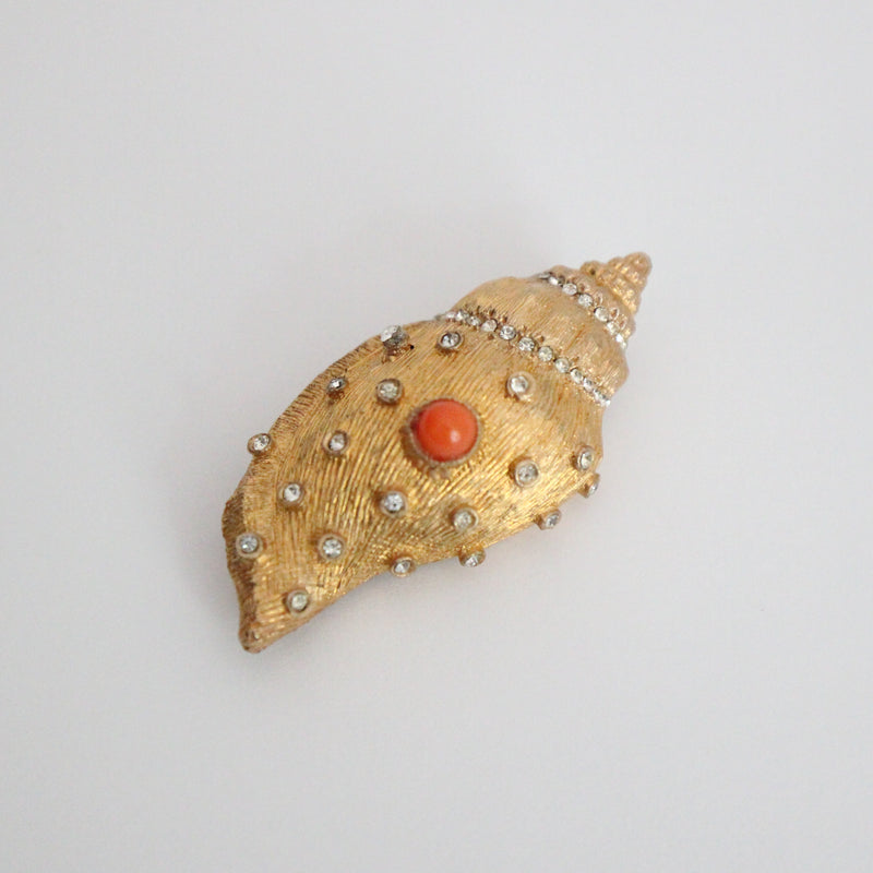 "Brushed Gold & Coral" Vintage 1960's Rhinestone Seashell Brooch
