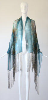 "Cerulean Blue Florals" Vintage 1930's Cerulean Blue Floral Silk Chiffon Fringed Shawl