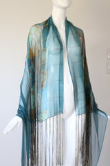 "Cerulean Blue Florals" Vintage 1930's Cerulean Blue Floral Silk Chiffon Fringed Shawl