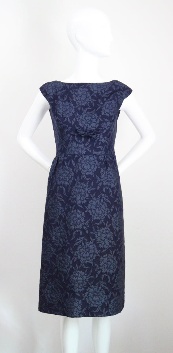 "Blooming Brocade" Vintage 1960's Christian Dior Navy Floral Brocade Dress & Jacket Ensemble UK 8 US 4