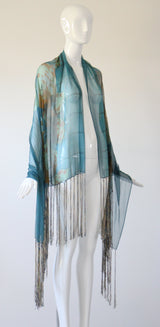 "Cerulean Blue Florals" Vintage 1930's Cerulean Blue Floral Silk Chiffon Fringed Shawl