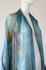 "Cerulean Blue Florals" Vintage 1930's Cerulean Blue Floral Silk Chiffon Fringed Shawl
