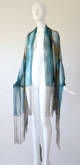 "Cerulean Blue Florals" Vintage 1930's Cerulean Blue Floral Silk Chiffon Fringed Shawl