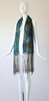"Cerulean Blue Florals" Vintage 1930's Cerulean Blue Floral Silk Chiffon Fringed Shawl