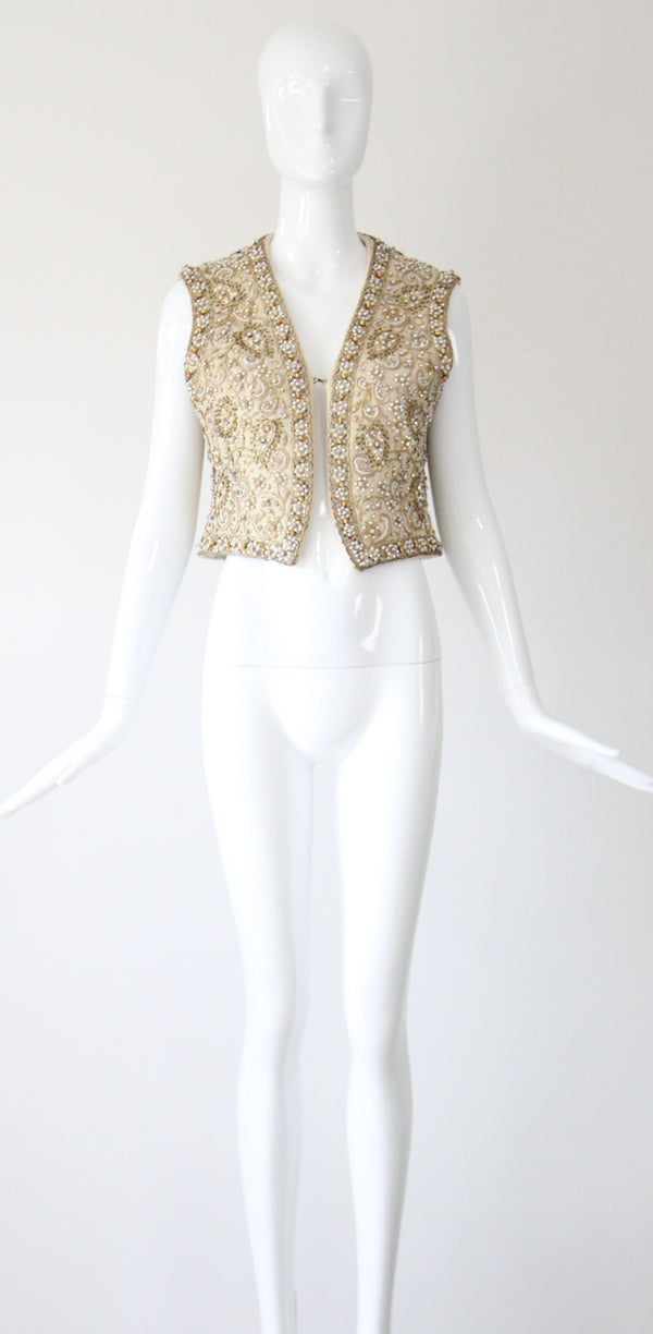 "Larry Aldrich" Vintage 1960's Marie McCarthy For Larry Aldrich Beaded & Embroidered Waistcoat UK 10 US 6