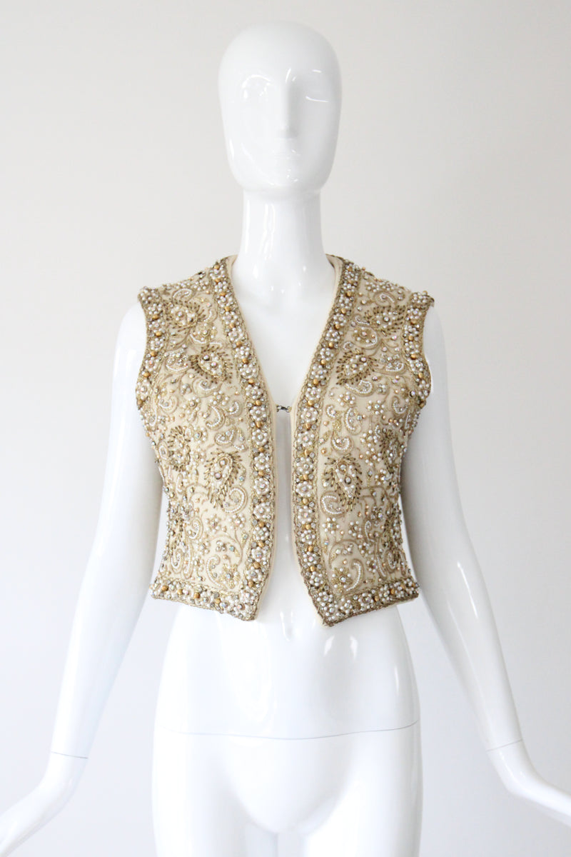 "Larry Aldrich" Vintage 1960's Marie McCarthy For Larry Aldrich Beaded & Embroidered Waistcoat UK 10 US 6