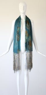 "Cerulean Blue Florals" Vintage 1930's Cerulean Blue Floral Silk Chiffon Fringed Shawl