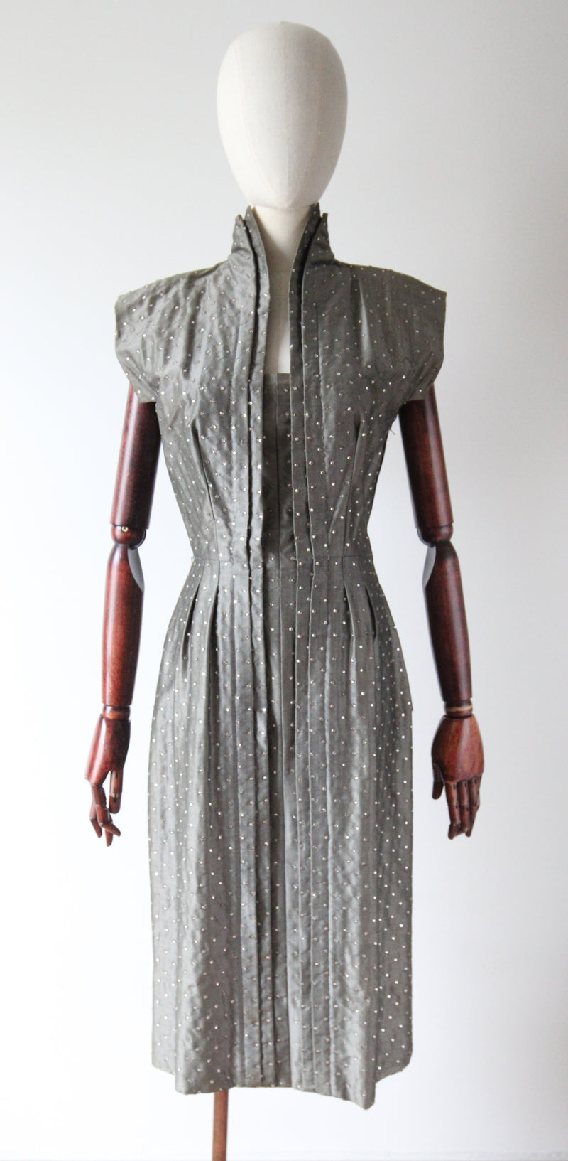 "Rhinestone Trigère" Vintage Late 1940's Pauline Trigère Grey Silk Rhinestone Embellished Dress UK 8 US 4