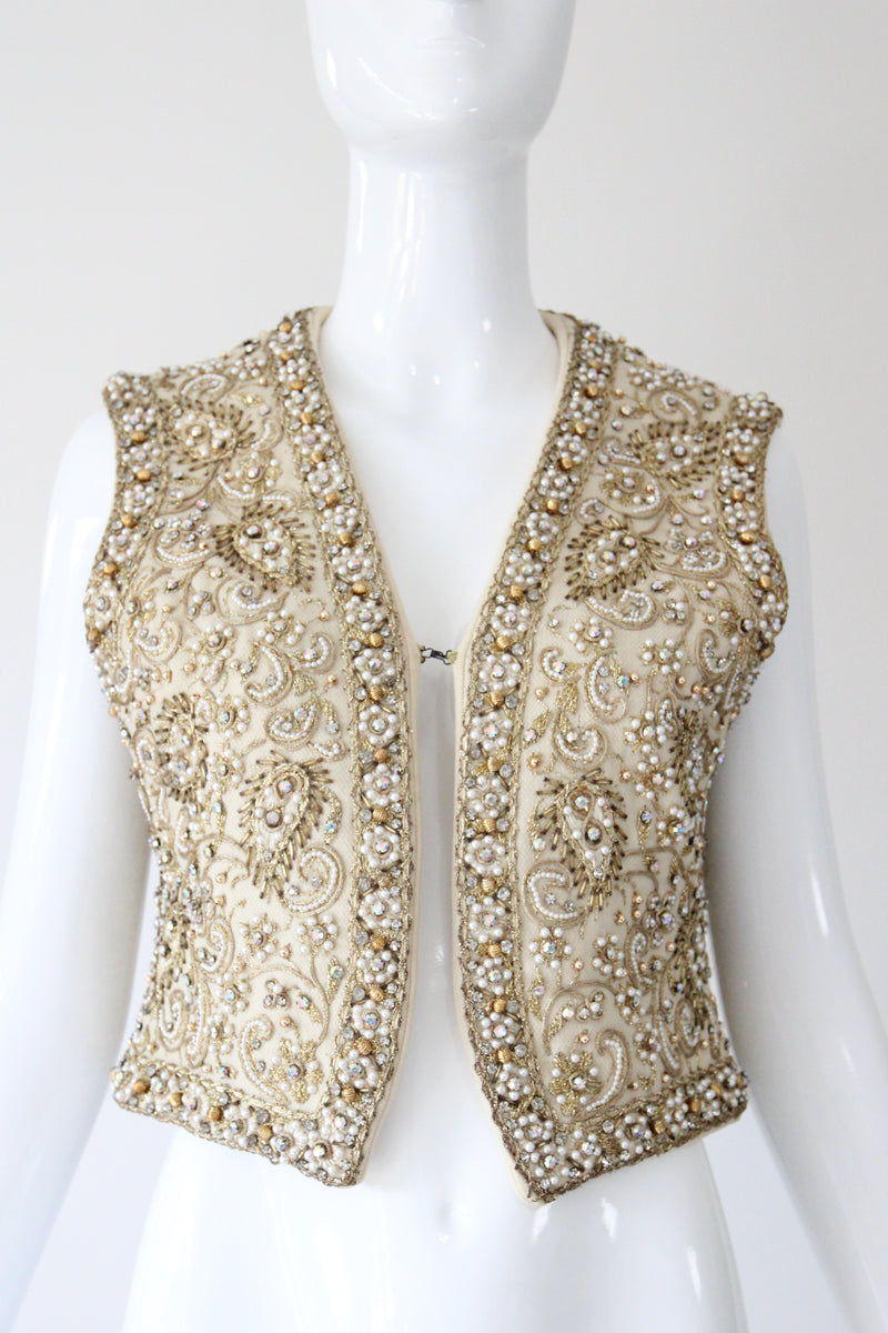 "Larry Aldrich" Vintage 1960's Marie McCarthy For Larry Aldrich Beaded & Embroidered Waistcoat UK 10 US 6