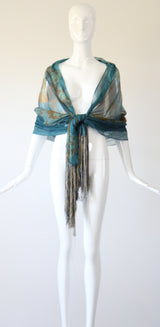 "Cerulean Blue Florals" Vintage 1930's Cerulean Blue Floral Silk Chiffon Fringed Shawl