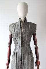 "Rhinestone Trigère" Vintage Late 1940's Pauline Trigère Grey Silk Rhinestone Embellished Dress UK 8 US 4