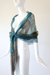 "Cerulean Blue Florals" Vintage 1930's Cerulean Blue Floral Silk Chiffon Fringed Shawl