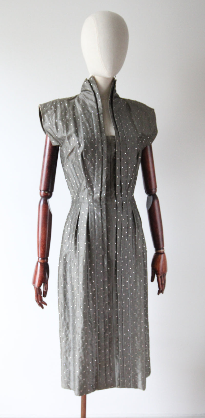 "Rhinestone Trigère" Vintage Late 1940's Pauline Trigère Grey Silk Rhinestone Embellished Dress UK 8 US 4