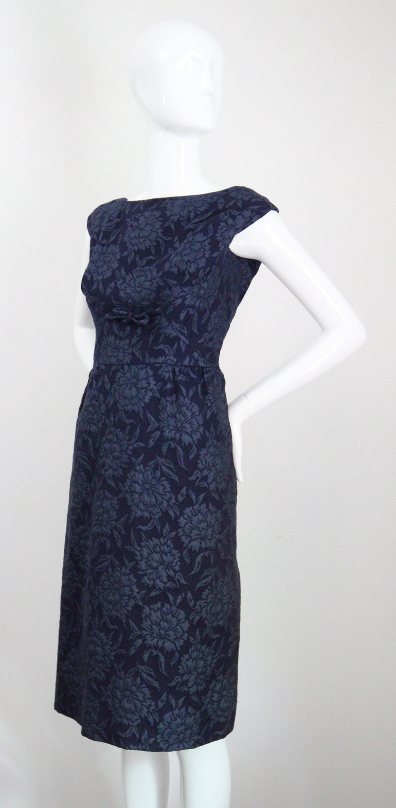 "Blooming Brocade" Vintage 1960's Christian Dior Navy Floral Brocade Dress & Jacket Ensemble UK 8 US 4