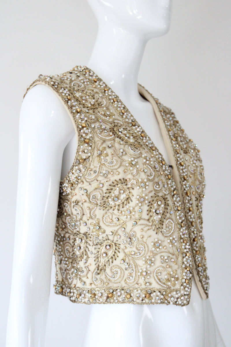 "Larry Aldrich" Vintage 1960's Marie McCarthy For Larry Aldrich Beaded & Embroidered Waistcoat UK 10 US 6