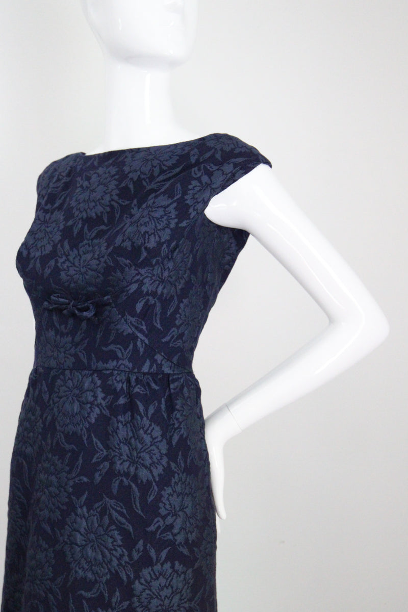 "Blooming Brocade" Vintage 1960's Christian Dior Navy Floral Brocade Dress & Jacket Ensemble UK 8 US 4