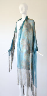 "Cerulean Blue Florals" Vintage 1930's Cerulean Blue Floral Silk Chiffon Fringed Shawl