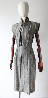 "Rhinestone Trigère" Vintage Late 1940's Pauline Trigère Grey Silk Rhinestone Embellished Dress UK 8 US 4