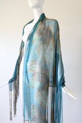 "Cerulean Blue Florals" Vintage 1930's Cerulean Blue Floral Silk Chiffon Fringed Shawl