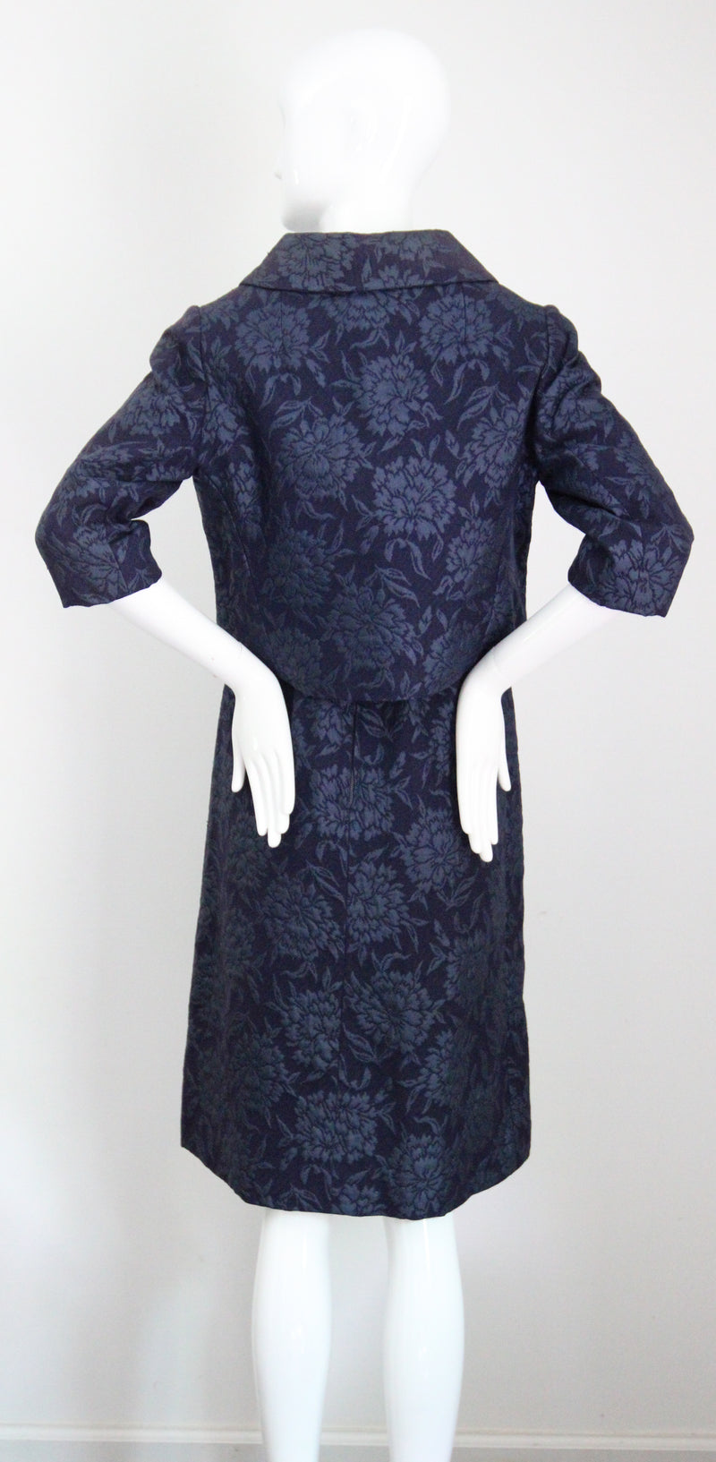 "Blooming Brocade" Vintage 1960's Christian Dior Navy Floral Brocade Dress & Jacket Ensemble UK 8 US 4