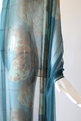 "Cerulean Blue Florals" Vintage 1930's Cerulean Blue Floral Silk Chiffon Fringed Shawl