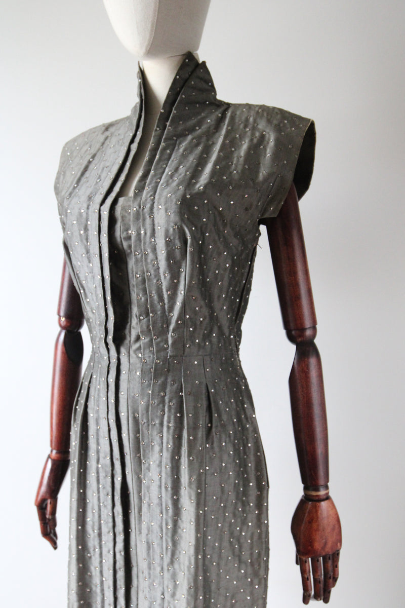 "Rhinestone Trigère" Vintage Late 1940's Pauline Trigère Grey Silk Rhinestone Embellished Dress UK 8 US 4