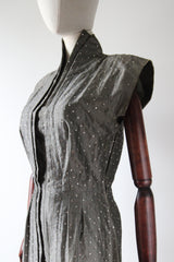 "Rhinestone Trigère" Vintage Late 1940's Pauline Trigère Grey Silk Rhinestone Embellished Dress UK 8 US 4