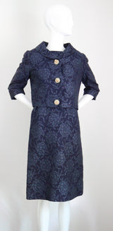 "Blooming Brocade" Vintage 1960's Christian Dior Navy Floral Brocade Dress & Jacket Ensemble UK 8 US 4