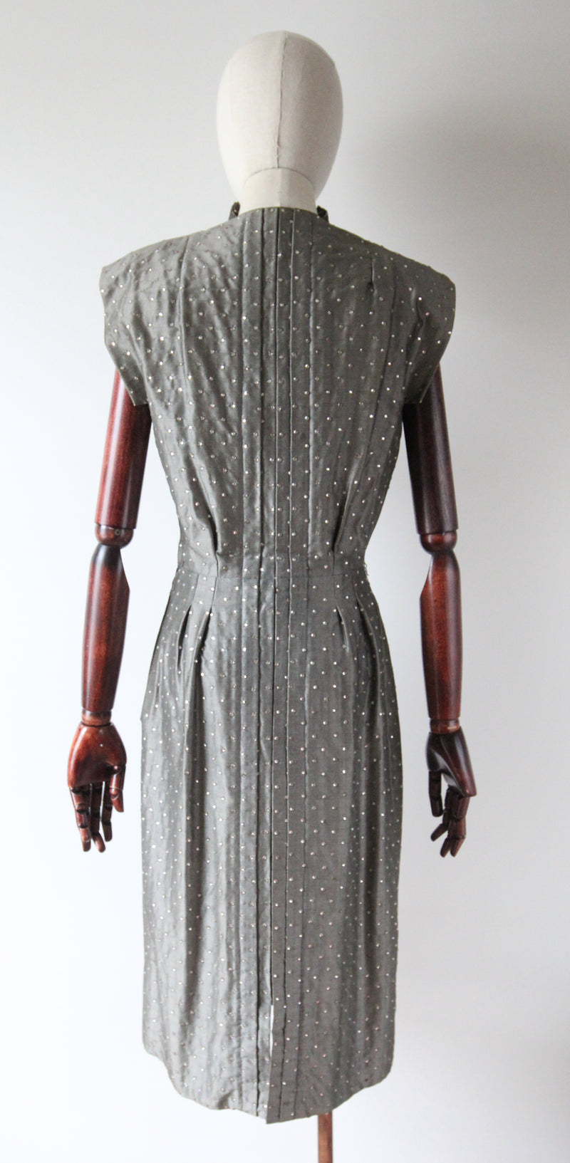 "Rhinestone Trigère" Vintage Late 1940's Pauline Trigère Grey Silk Rhinestone Embellished Dress UK 8 US 4