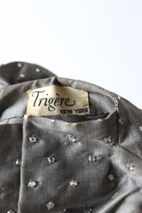 "Rhinestone Trigère" Vintage Late 1940's Pauline Trigère Grey Silk Rhinestone Embellished Dress UK 8 US 4