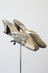 "Silver Lamé & Champagne Satin" Vintage 1930's Lamé & Satin Mule Slippers UK 3 US 5 EU 36