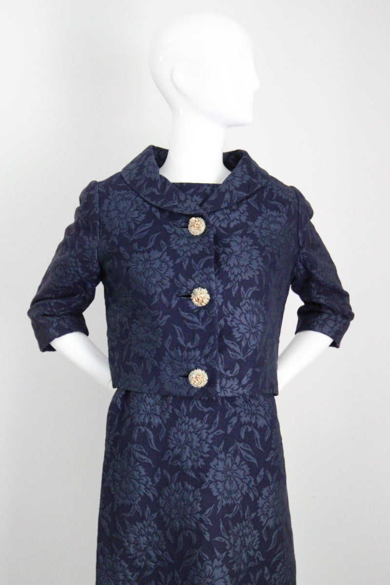 "Blooming Brocade" Vintage 1960's Christian Dior Navy Floral Brocade Dress & Jacket Ensemble UK 8 US 4